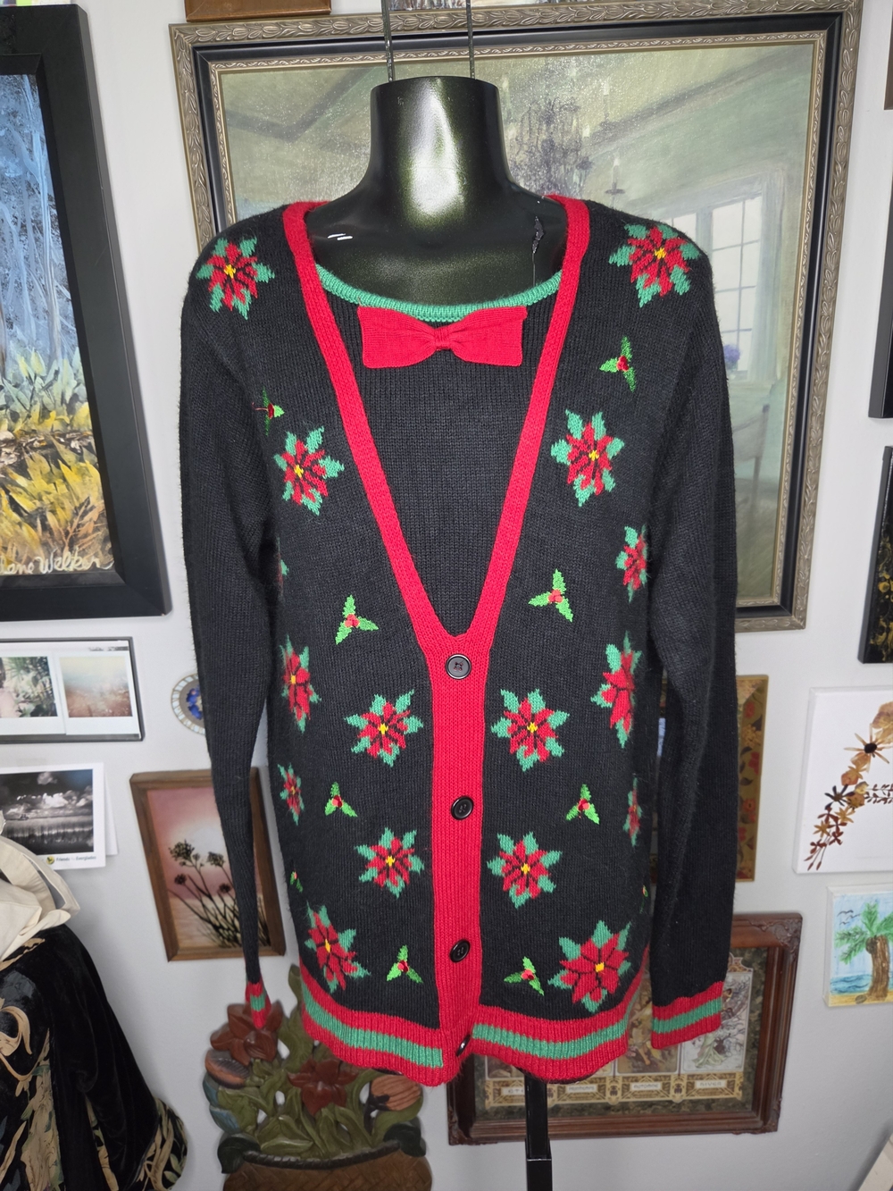 Vintage Christmas Ugly Sweater Holiday Floral Print Black Red Cardigan Medium